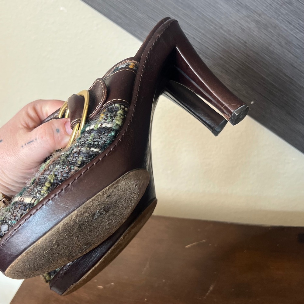 Coach Women's Tweed Mule Heels Brown Multicolor Buckle Slides Size 9B Y2K Chic - Picture 10 of 11